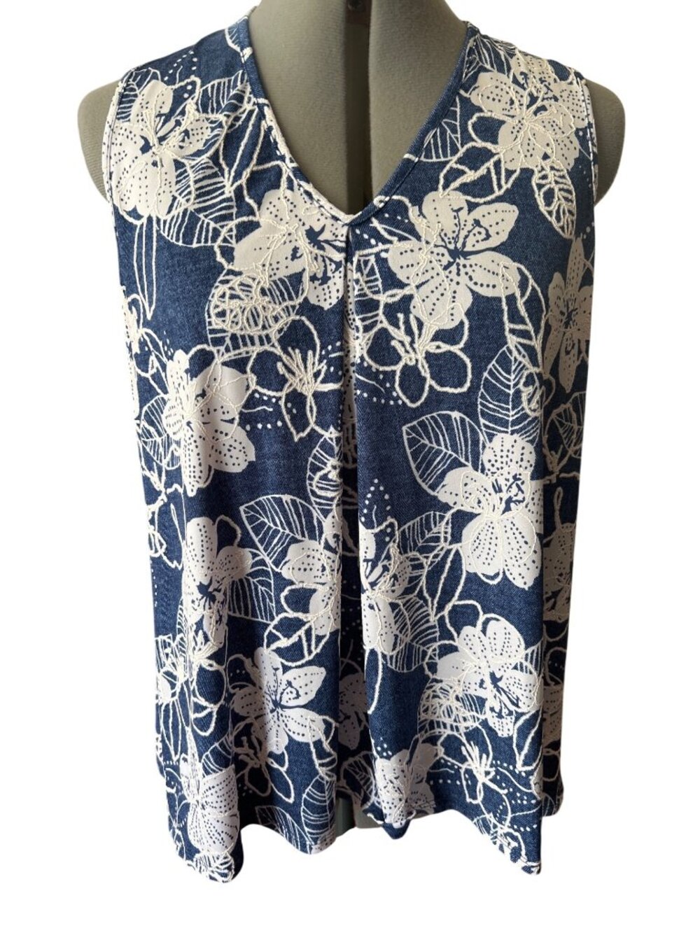 Amana Navy & White Floral Print Lace Back Sleeveless Top Size L Summer Vacay